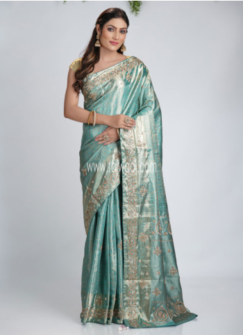 Aqua Blue Embroidered Kanjivaram Silk Saree