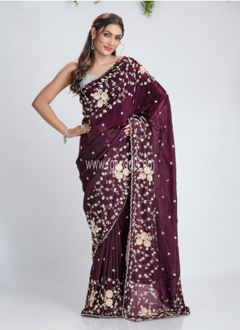Wine Embroidered Organza Saree