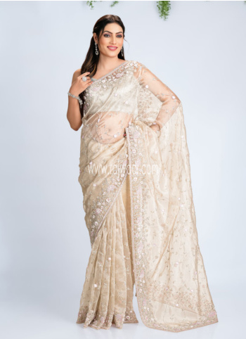 Cream Embroidered Organza Saree
