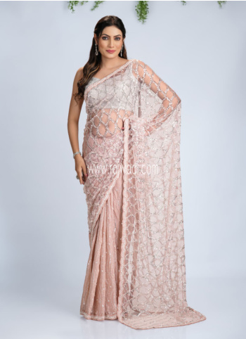 Peach Embroidered Net And Chiffon Silk Saree