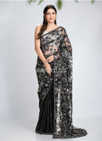 Black Embroidered Net And Crepe Silk Saree