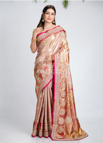 Golden Pink Embroidered Kanjivaram Silk Saree