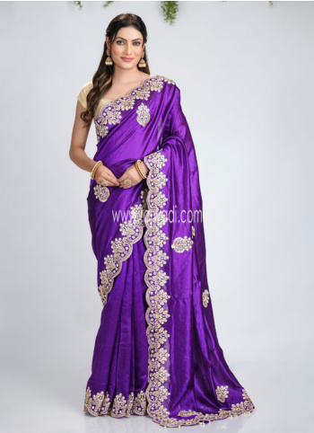 Purple Embroidered Silk Saree