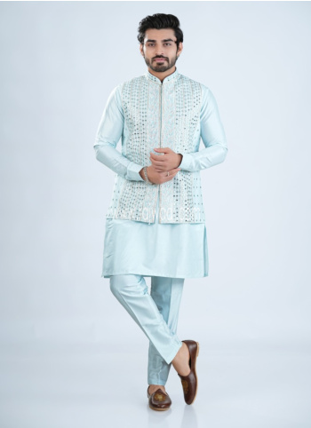 Sky Blue Silk Nehru Jacket with Kurta Pajama