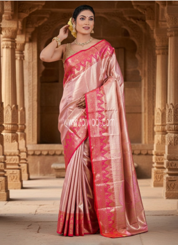Golden and Pink Woven Kanjivaram Silk Saree