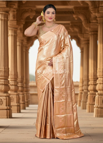 Peach and Golden Kanjivaram Silk Saree