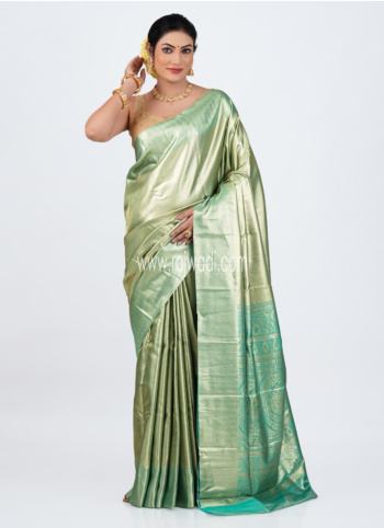Light Green And Golden Kanjivaram Silk Saree