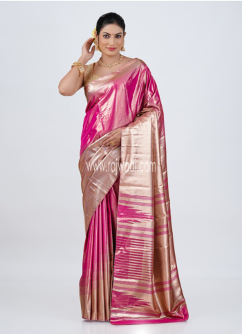 Golden And Pink Woven Kanjivaram Silk Saree