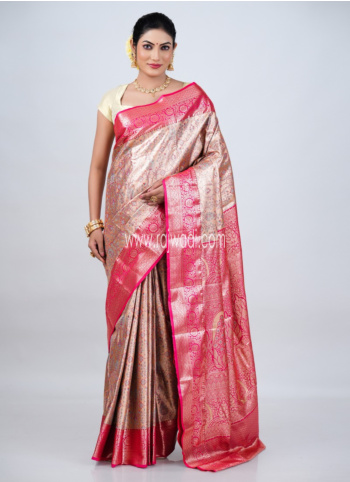 Golden And Pink Kanjivaram Silk Saree