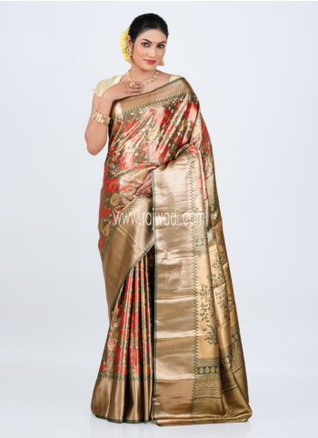 Green And Golden Kanjivaram Silk Saree
