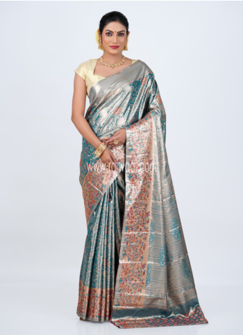 Light Sea Green And Golden Kanjivaram Silk Saree
