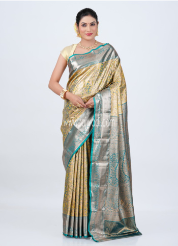 Turquoise And Golden Kanjivaram Silk Saree