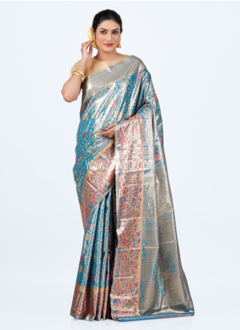Aqua And Golden Woven Kanjivaram Silk Saree