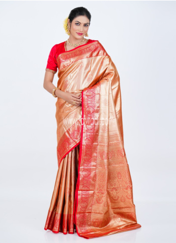 Golden And Red Kanjivaram Silk Saree