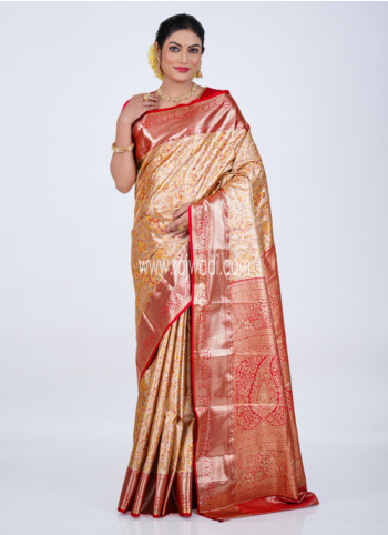 Golden Cream And Red Kanjivaram Silk Saree