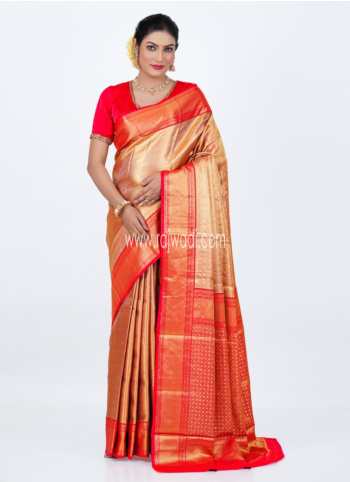 Golden And Red Kanjivaram Silk Saree