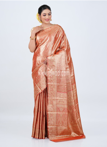 Gajari Pink And Golden Kanjivaram Silk Saree