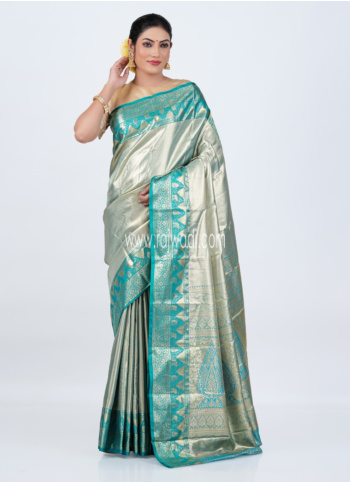 Turquoise And Golden Kanjivaram Silk Saree