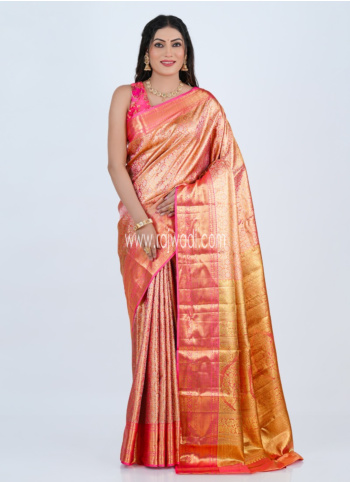 Golden And Pink Kanjivaram Saree