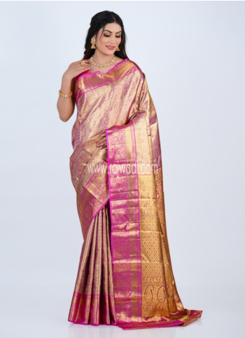 Golden And Pink Kanjivaram Silk Saree