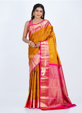 Mustard Yellow And Rani Kanjivaram Silk Saree