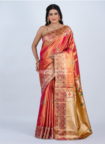 Golden And Gajari Pink Kanjivaram Silk Saree