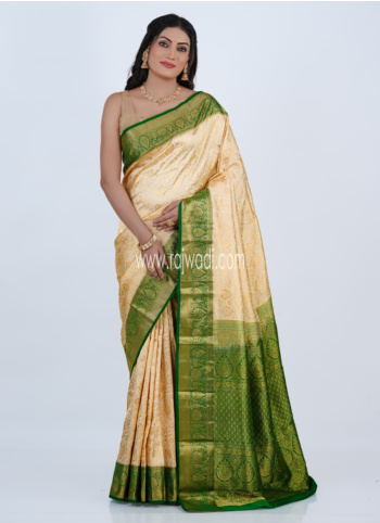 Regal Off White and Green Kanjivaram Silk Saree