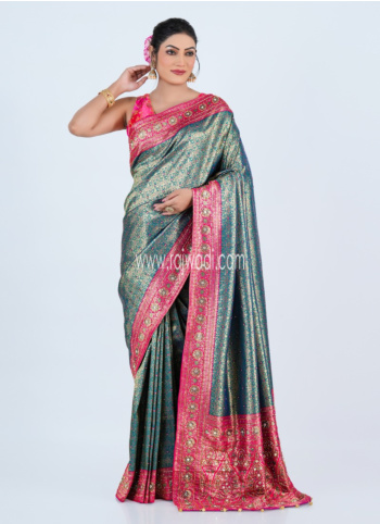 Peacock Green And Pink Banarasi Silk Saree