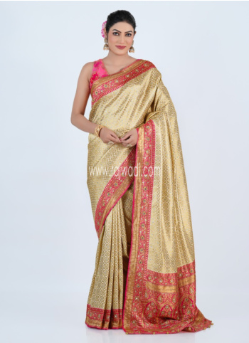 Cream Silk Saree with Pink Border