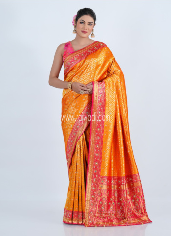 Mustard Yellow And Pink Embroidered Banarasi Silk Saree