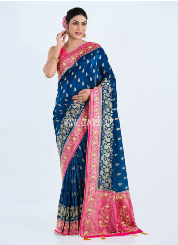 Peacock Blue And Pink Embroidered Banarasi Silk Saree