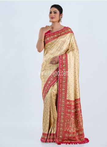 Cream and Pink Embroidered Banarasi Silk Saree