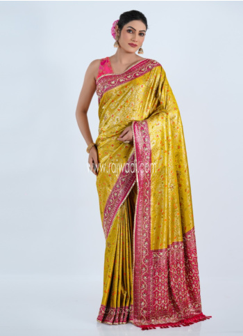 Yellow And Rani Embroidered Banarasi Silk Saree