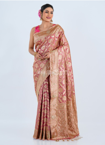 Light Pink Embroidered Banarasi Silk Saree