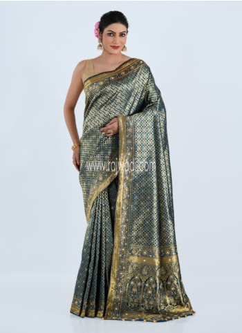 Peacock Blue Embroidered Banarasi Silk Saree