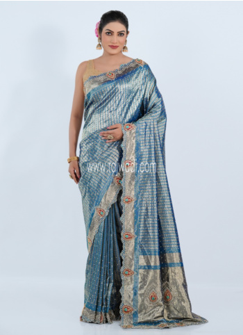 Peacock Blue Embroidered Banarasi Silk Saree