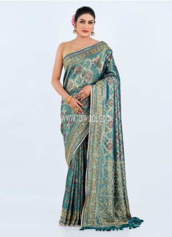 Peacock Blue Embroidered Saree in Banarasi Silk