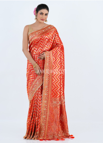 Orange And Red Embroidered Banarasi Silk Saree