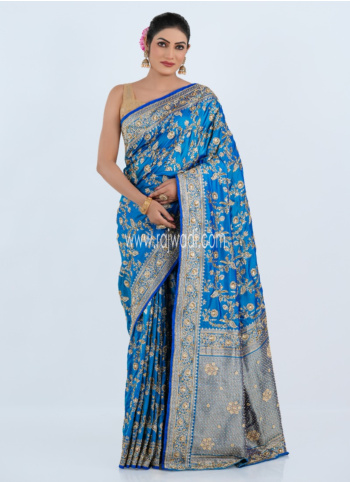 Peacock Blue Embroidered Banarasi Silk Saree