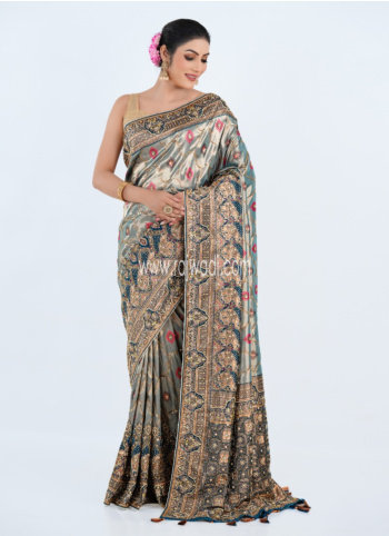 Grey And Peacock Blue Banarasi Silk Saree