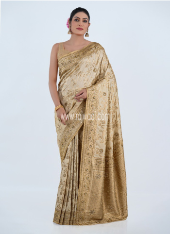 Cream Embroidered Banarasi Silk Saree
