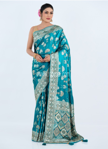 Dark Turquoise Embroidered Banarasi Silk Saree