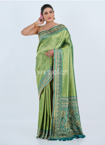 Green And Peacock Blue Banarasi Silk Saree