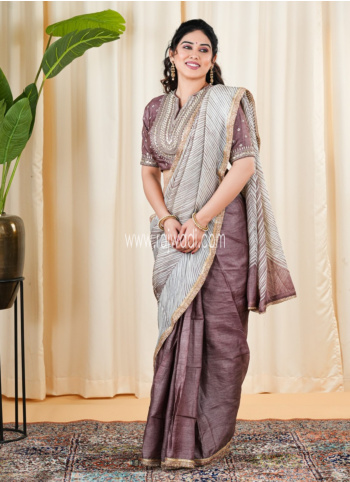 Cream And Brown Embroidered Tussar Silk Saree