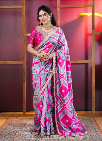 Pink And Grey Embroidered Tussar Silk  Saree