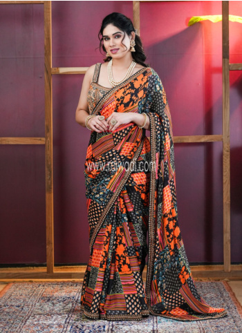 Chiffon Silk Embroidered Black And Multicolor Saree
