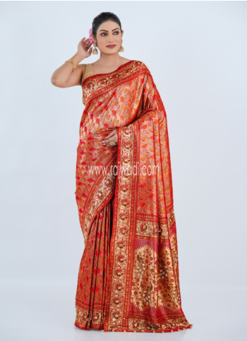 Maroon And Golden Embroidered Banarasi Silk Saree