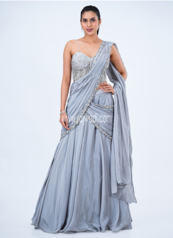 Grey Crepe Silk Lehenga Saree With Corset Blouse