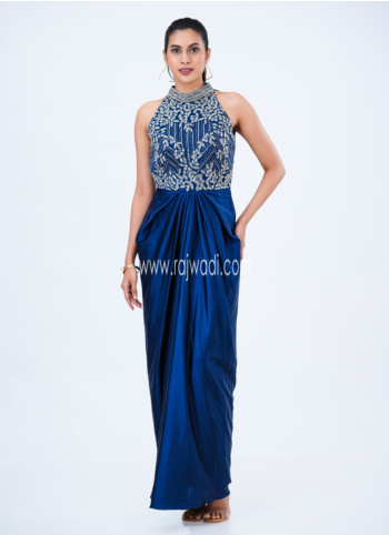 Navy Blue Crepe Silk Halter Neck Gown