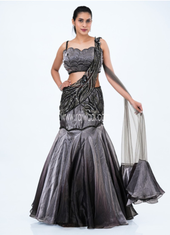 Grey Ombre Fish-cut Lehenga In Organza Fabric